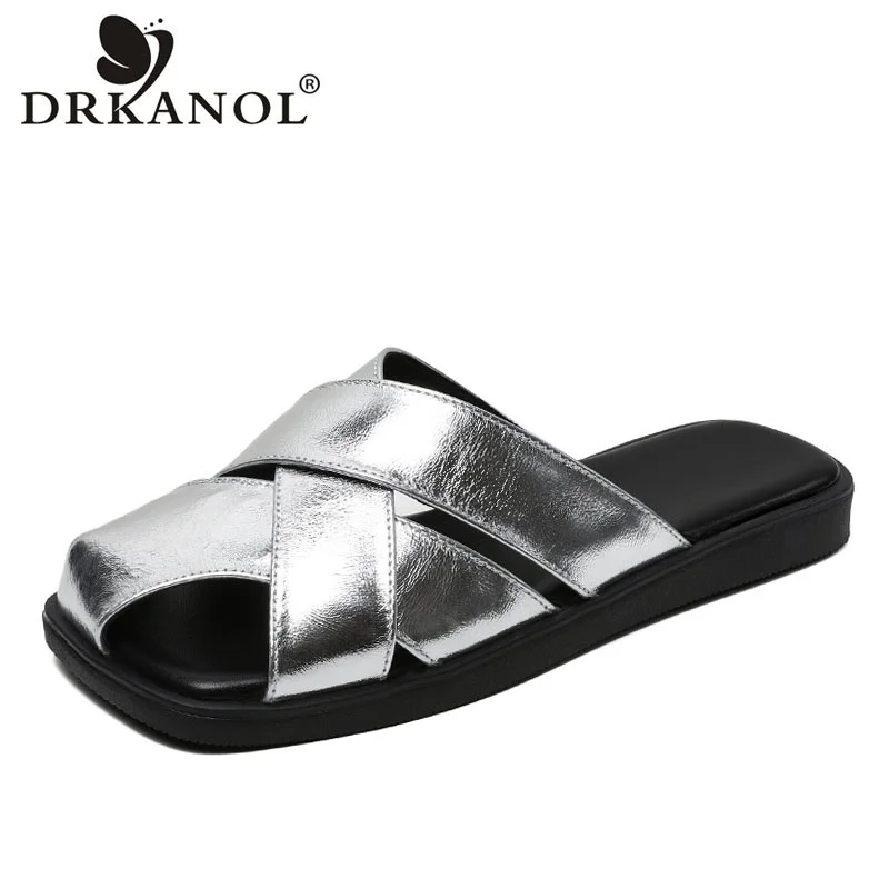 

DRKANOL 2024 Summer Outside Slippers Women Flat Slip On Casual Slides Cross Genuine Leather Roman Sandals Slippers Black Silver