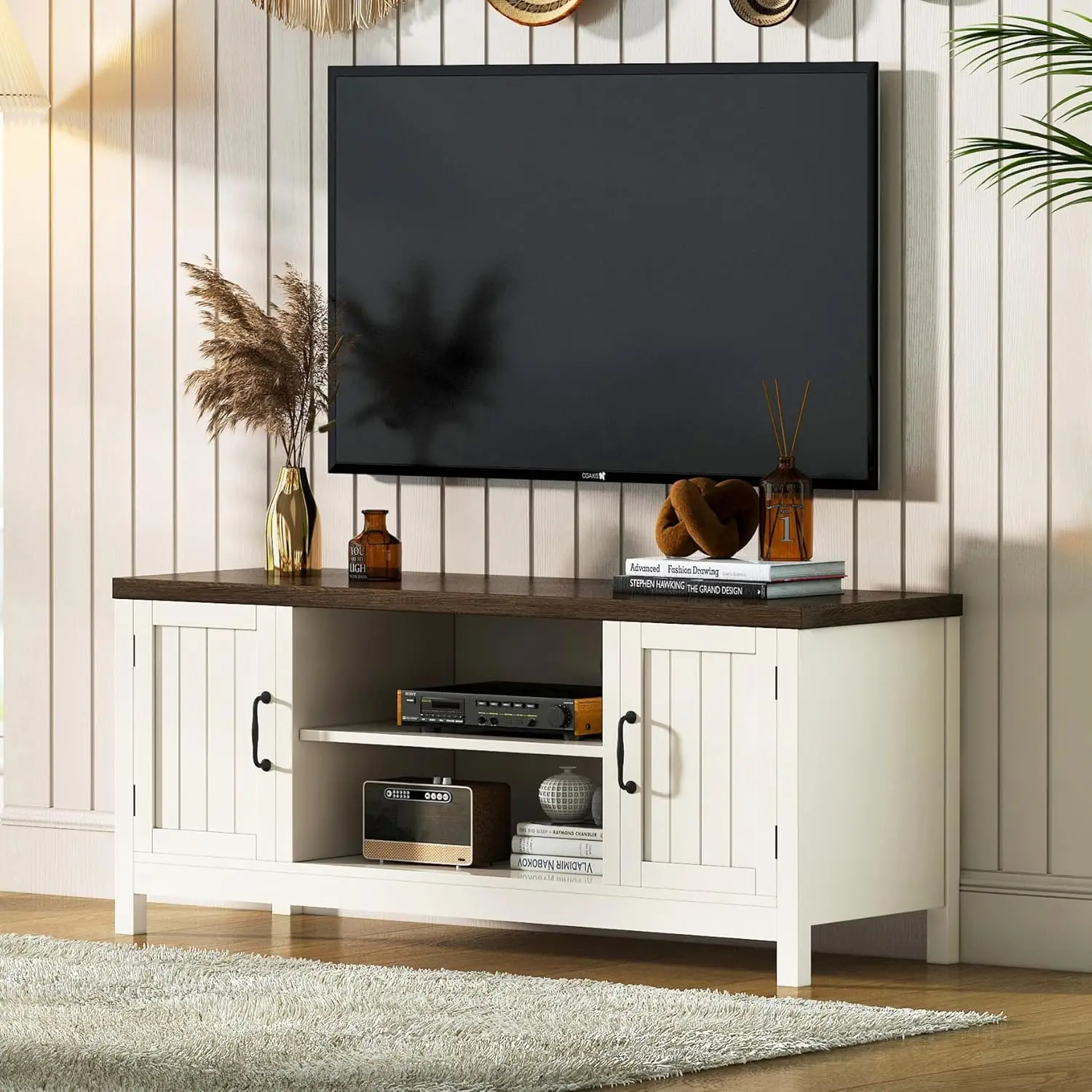 TV Stand, Wood Grooved Door Entertainment Center with Storage Cabinets and Open Shelves, Rustic Media Console up to 55 inches fo