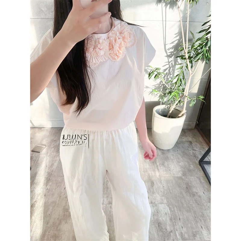 

Susan Faion Casual Loose Cotton T-irt Summer Floral 3-Color Blo ape round Ne ort Sve Women's Premium Top