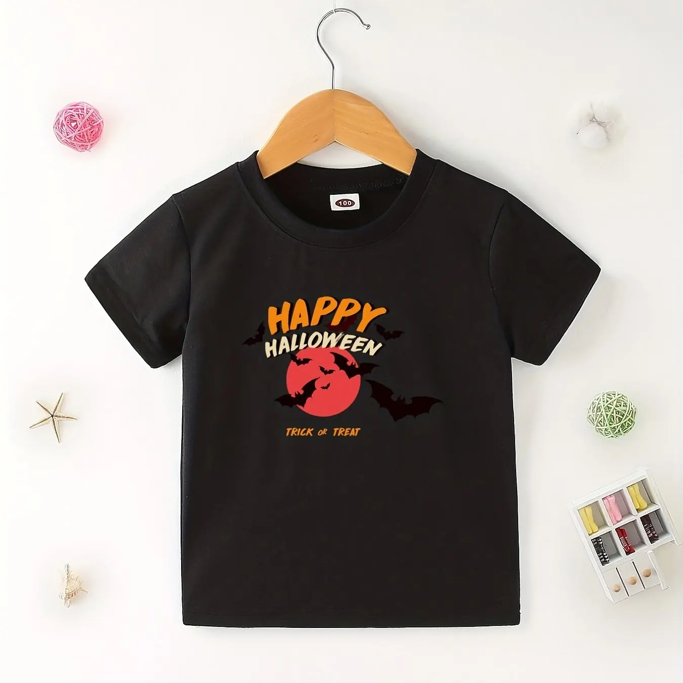 

Kids Halloween T-Shirt Bats with Happy Halloween Trick or Treat Text and Moon Design Soft Cotton Perfect Festive Celebrations