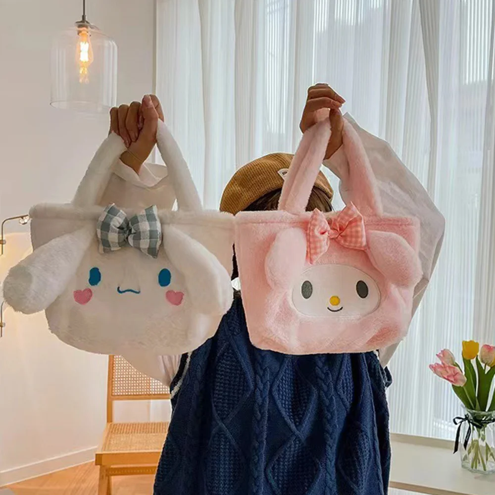 Sanrio Plush Bag Kawaii My Melody Kuromi Cartoon Animal Handbag Cute Cinnamoroll Storage Tote Bags Women Girls Birthday