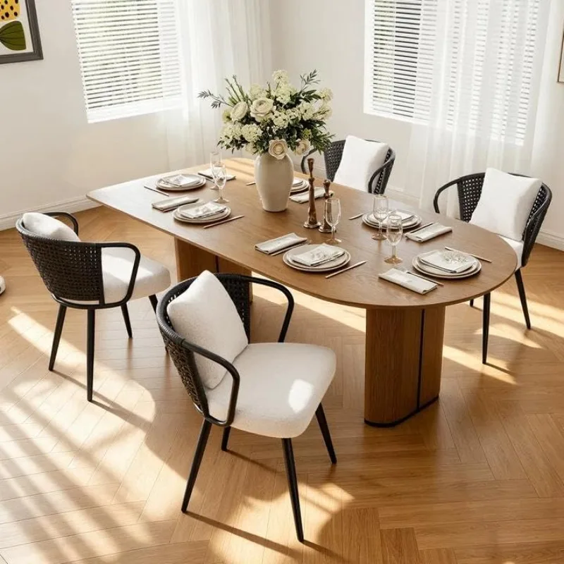 Rattan Dining Chairs Set of 4, Modern Upholstered Kitchen Chair with Metal Legs, Ergonomic Curved Backrest, Mid Century