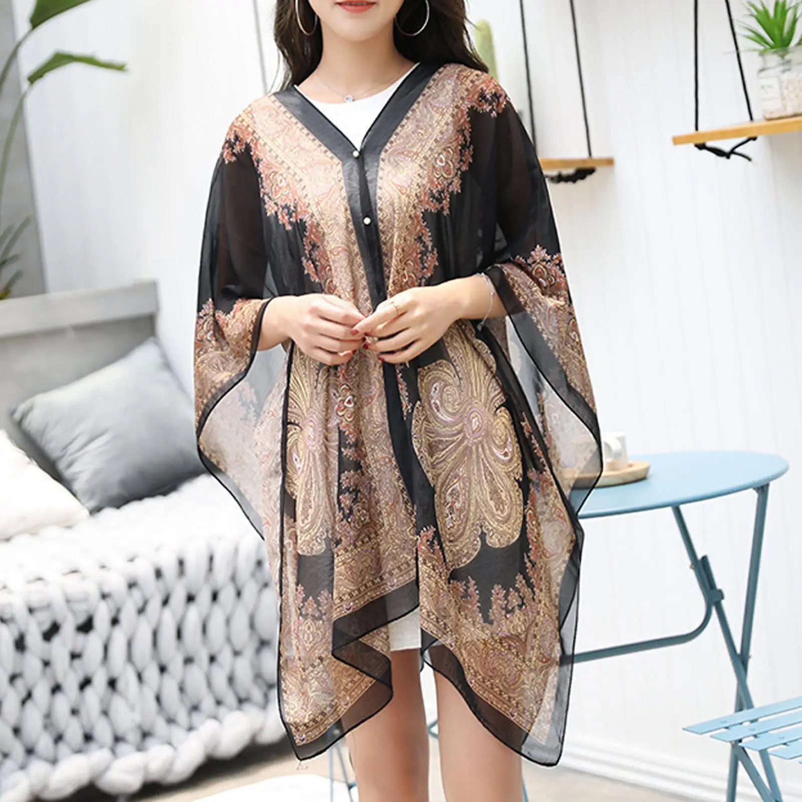 Women Beach Cover Up Floral Kimono Summer Cardigan Chiffon Scarf Loose Blouse Cover Casual Up Sleeve Beach Shawl Half B H6E3