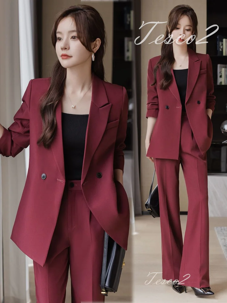 Tesco Solid Women\'s Elegant Suit Sets Notch Collar Blazer Wide Leg Pants 2 Piece Formal Pantsuit For Wedding Party Office Outfit