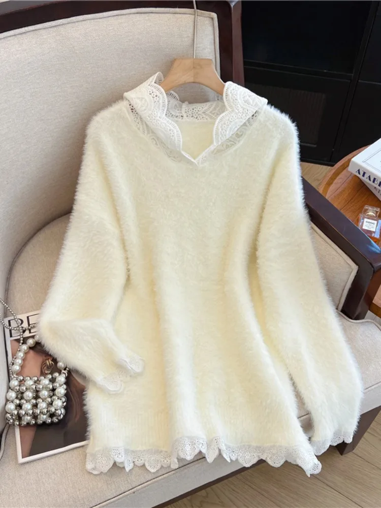 

Женский свитер средней длины с капюшоном и кружевом, осенне-зимний базовый топ, высококачественная верхняя одежда, свободный крой, вязаный, в стиле слэш-шик