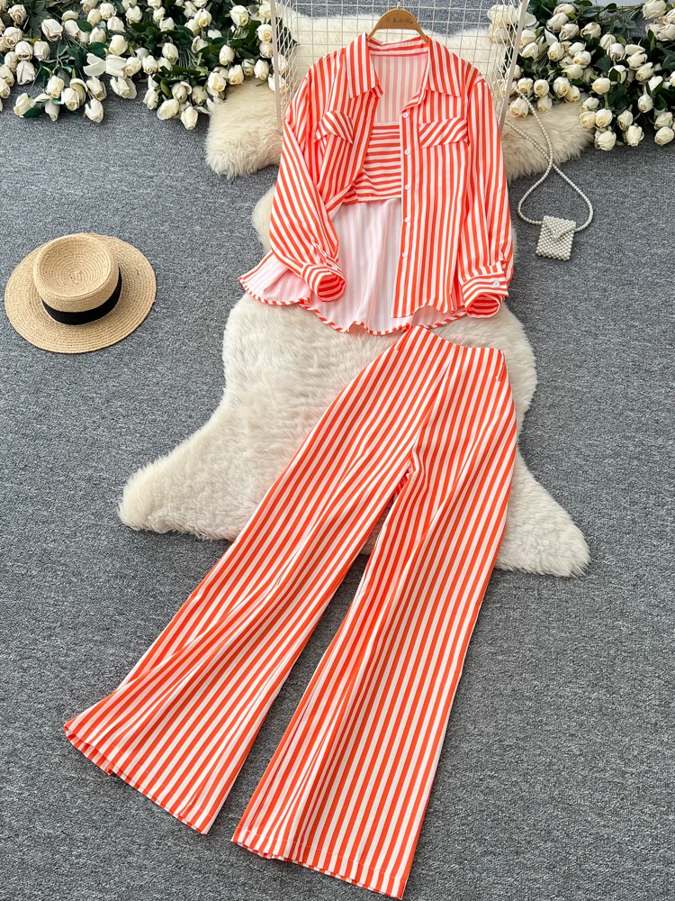 

Ladies' Commute Workwear Set Striped Vest Shirt Wide Leg Pants Three-Piece Fashionable Outfit Spring Autumn High Waist