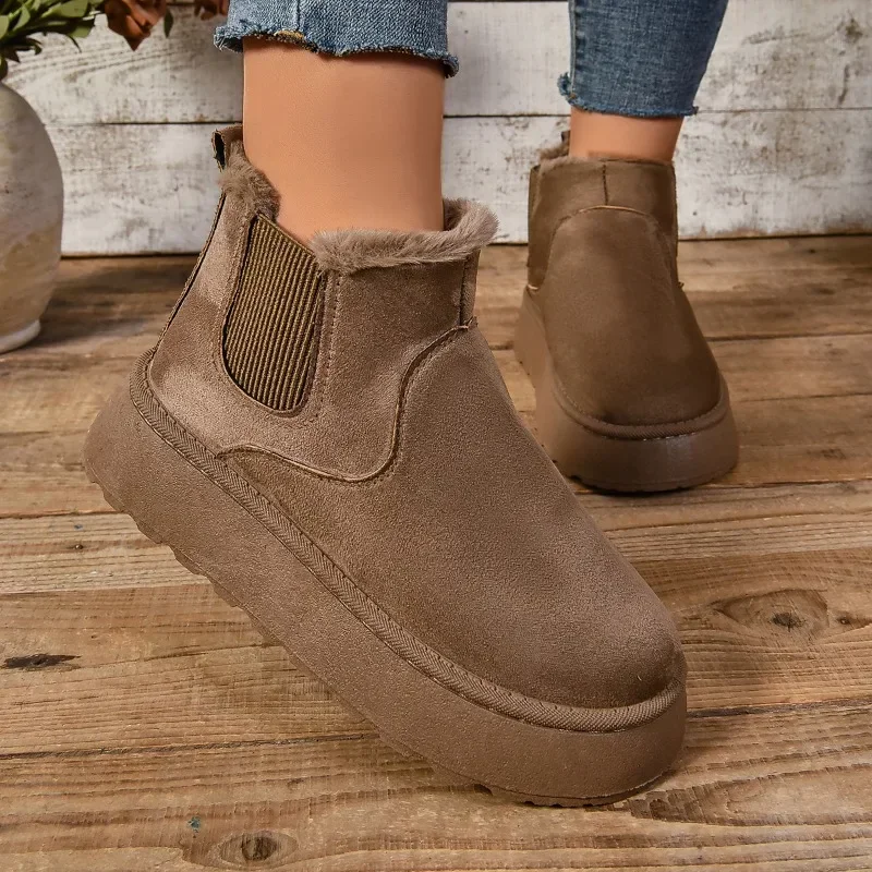 

2024 Winter Women Short Plush Warm Snow Boots Casual Shoes New Suede Fur Chelsea Ankle Boots Flats Platform Ladies Shoes Botas