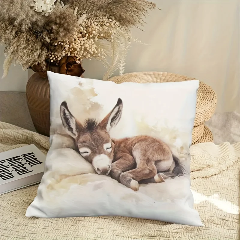 Cute Sleeping Donkey Pillow Cover Decorative Cushion Case – 18x18 Inch, Zippered Machine Washable for Living Room Bedroom