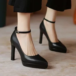 Spring New Fashion Round Head One Word Buckle High Heels Fashion Casual Large Size Women's Shallow Mouth Women's Single Shoes