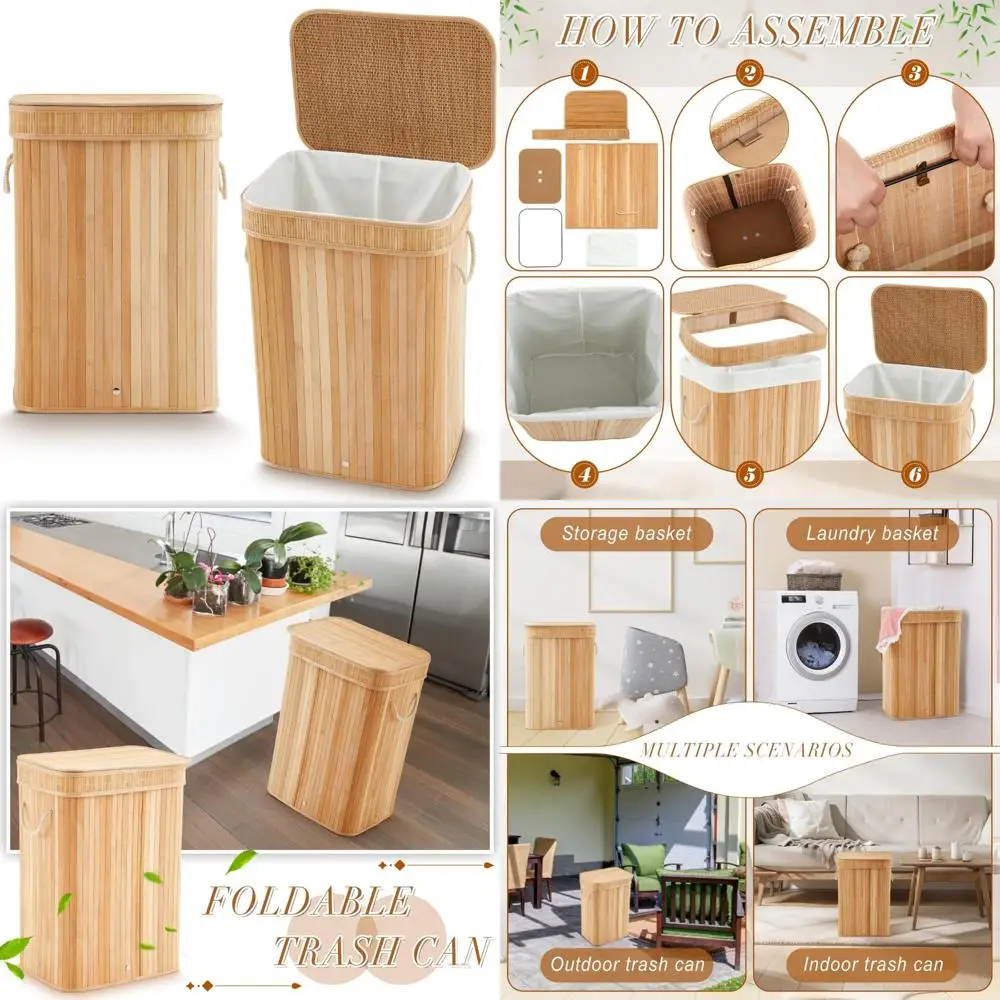 

Large Foldable Bamboo Trash Can with Lid - 21 Gallon Slim Rectangular Waste Basket for Bathroom and Bedroom Use