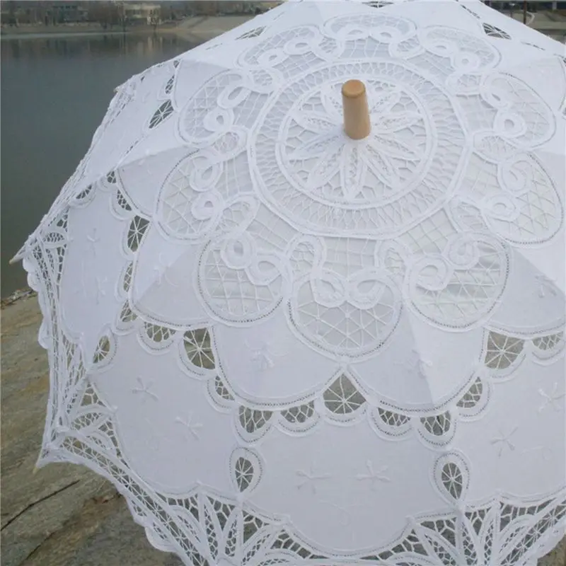 FLYY-5PCS 80 cm viktorianischer Hochzeitsschirm mit Spitzenstickerei, weiß – Detail 4