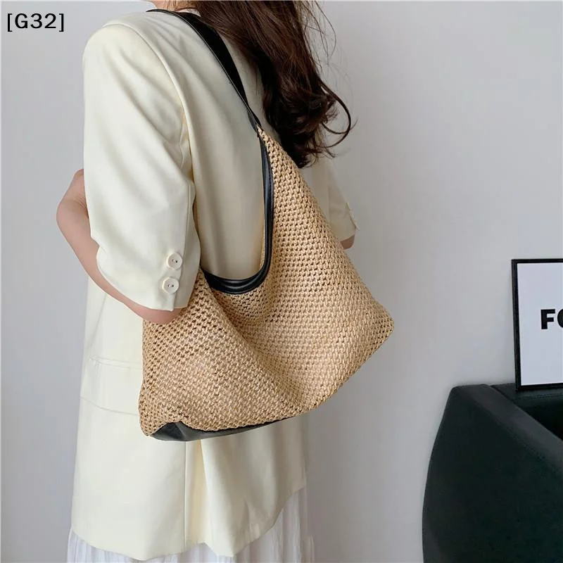 Woven Bag Casual Bucket Bag Straw Underarm Bag Large Capacity Solid Color Shoulder Bag Women Commuting Shoulder Bag[G32]
