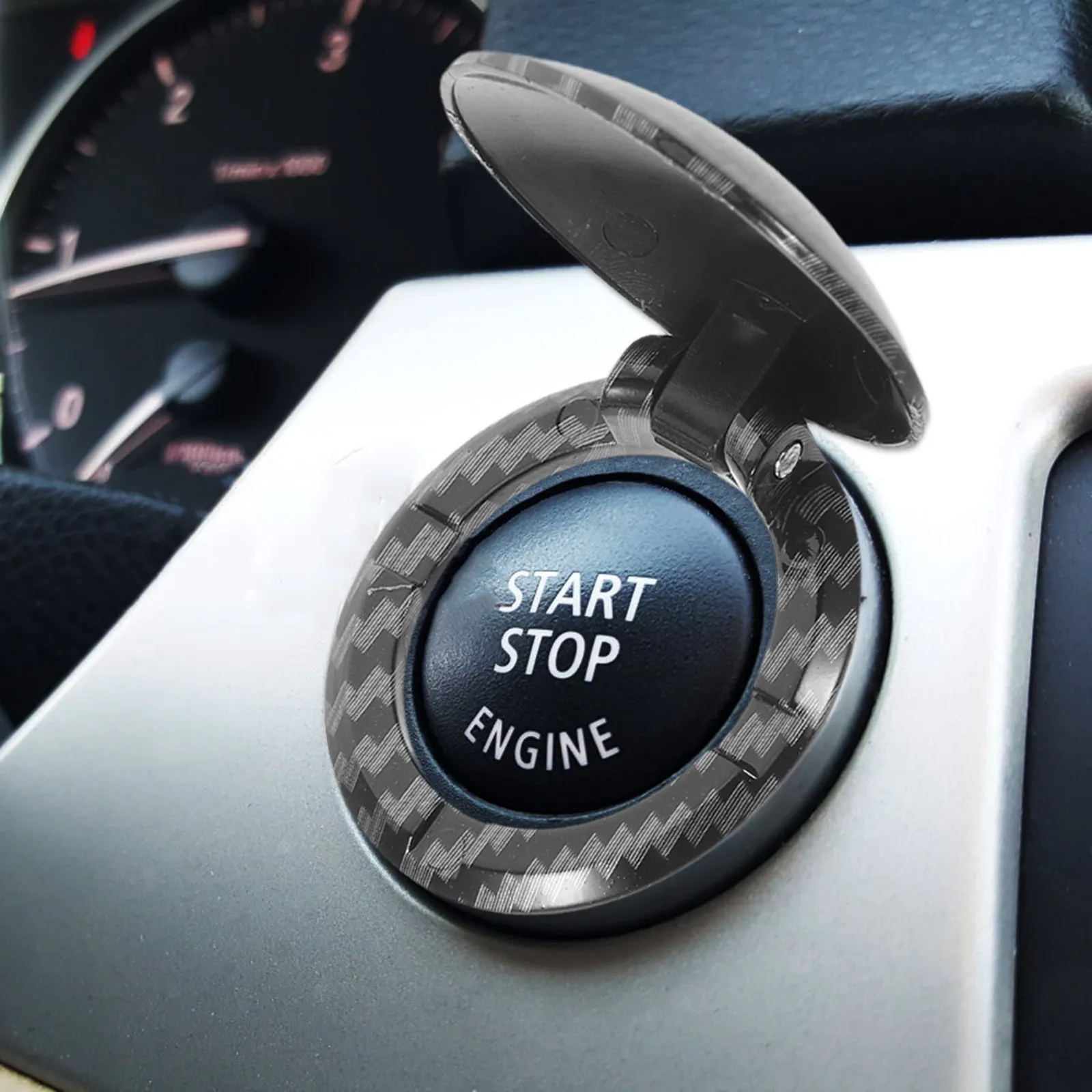 Picture 3: Carbon Fiber Push to Start Button Cover Ignition Switch Protector 1.6x1.6x0.5in Engine Stop Switch Guard Car Push Button Start