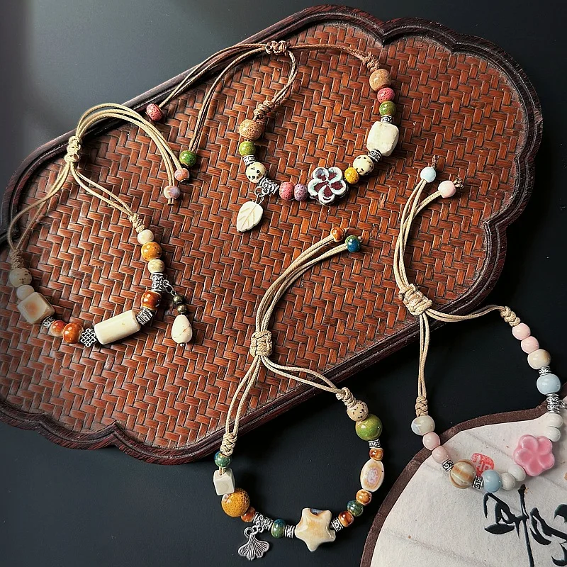 

Porcelain Floral Bracelet Adjustable Bohemian Woven Cord Chinese Style Minimalist Women's Hypoallergenic Gift Vintage Jewelry