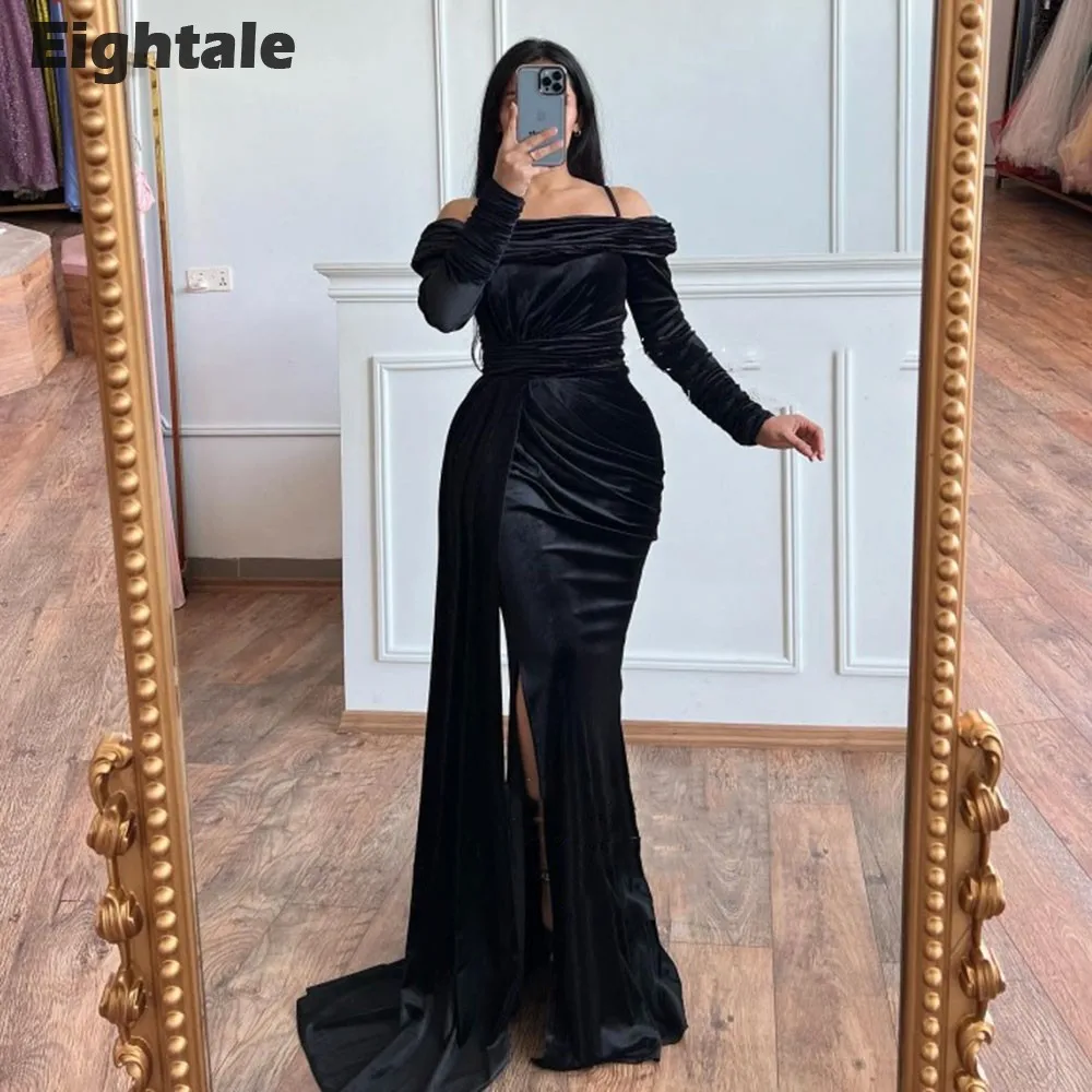 

Eightale Saudi Arabic Evening Dresses Velvet Spaghetti Strap Long Sleeves Mermaid Wedding Prom Party Dresses for Hijab Women