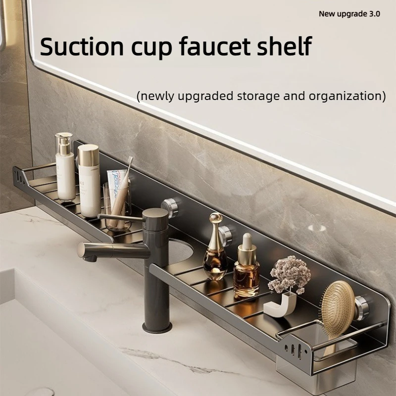 Suction Cup Bathroom Shelves No-Drill Large Capacity Wall Display Shelf Waterproof Space-Saving Kitchen Floating Shelf Organizer