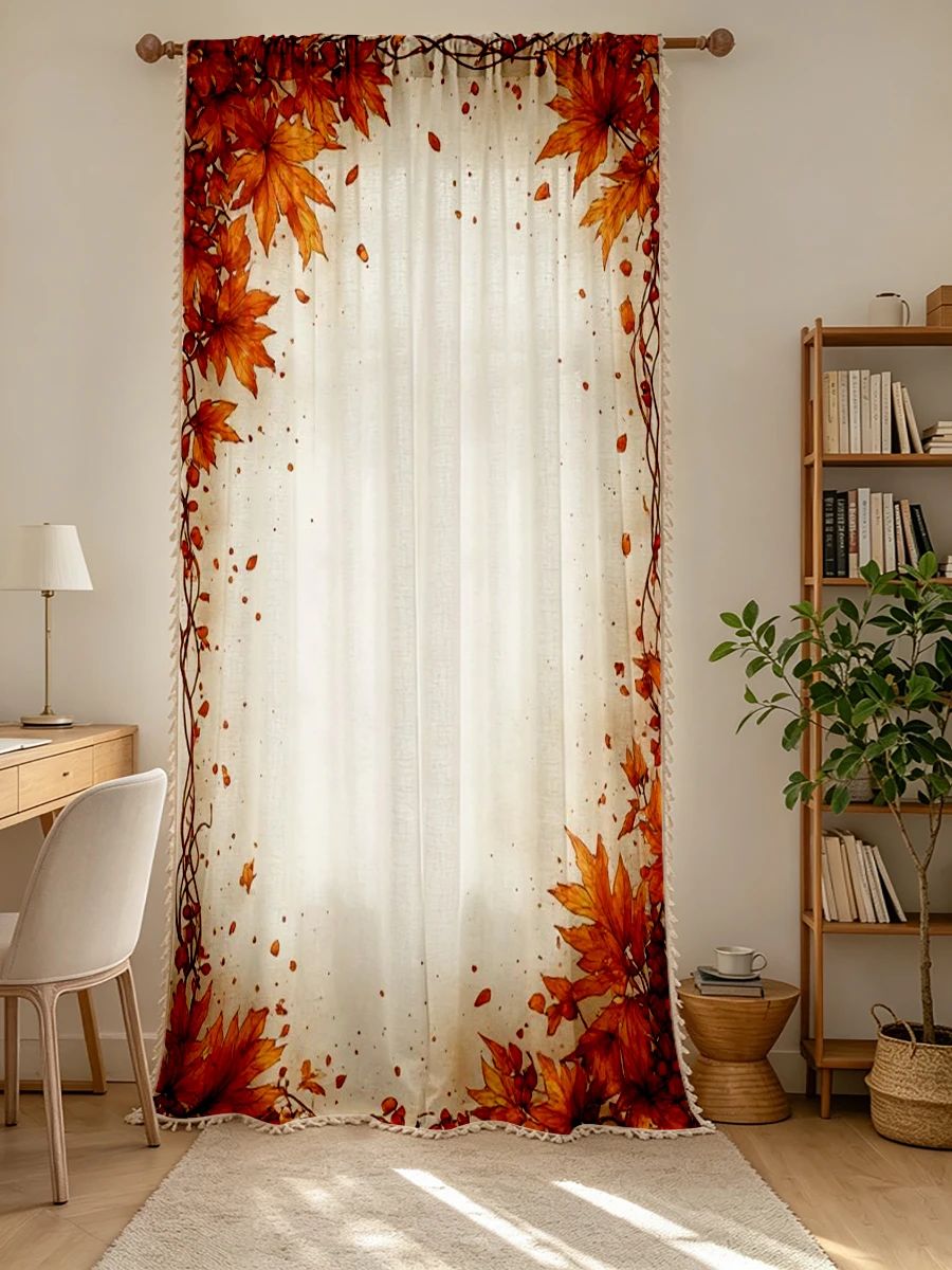 1PC Fall Tassel Sheer Curtains, Maple Leaf Border, Digital Print, Linen Polyester, Bedroom Living Room Kitchen, Home Decor