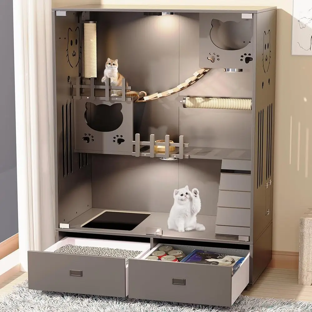 

Large Outdoor/Indoor Cat Enclosure with Wheels, Ventilated Glass Door, 2 Drawers, 57x36x24