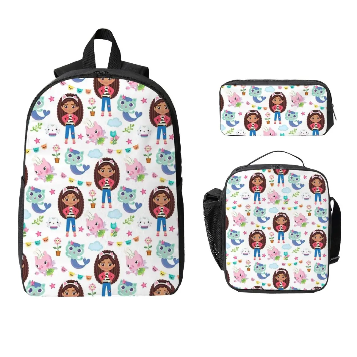 

Cute Gabbys Dollhouse Cartoon Backpack Boys Girls BookBag School Bag Computer Shoulder Bags 3ps Insulated Lunch Bag Pencil Case
