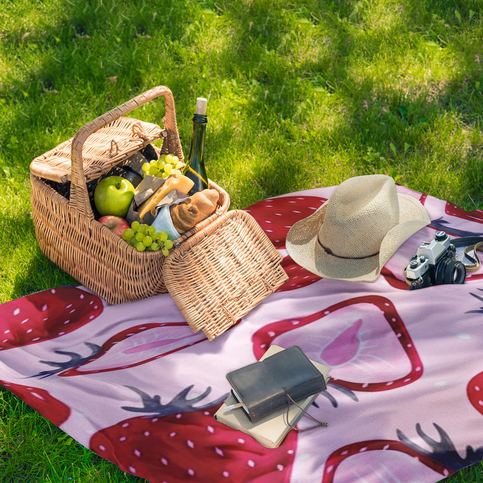 Manta repetidora con diseño de fruta y fresa para exteriores, color rosa, para picnic y accesorios esenciales para la vida