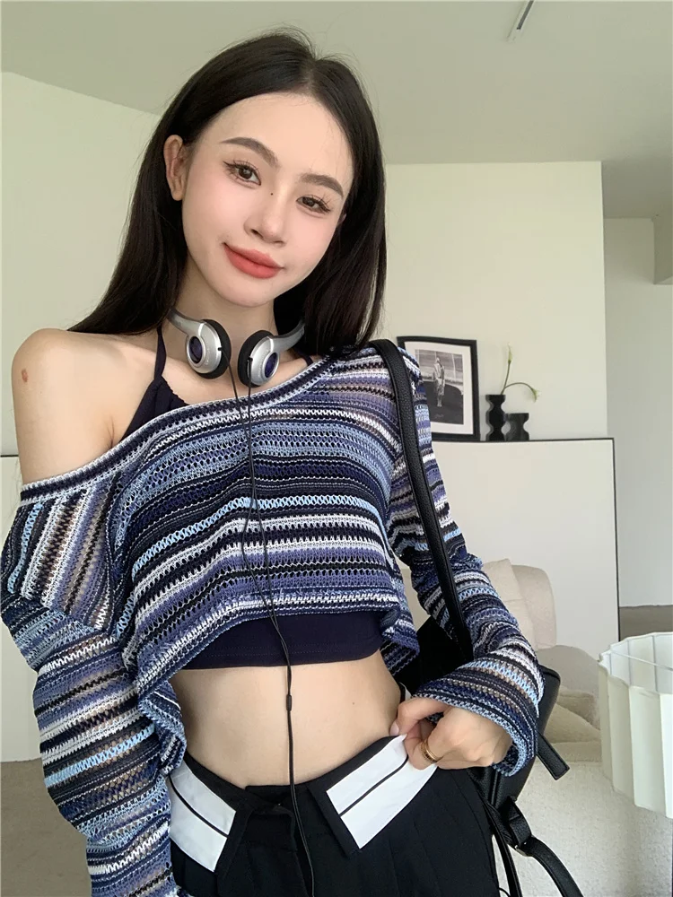 Striped Sun-proof T-shirts Women Spring Sexy Hot Ladies Crop Tops Design Fashion Korean Style Casual All-match Thin Street Wear