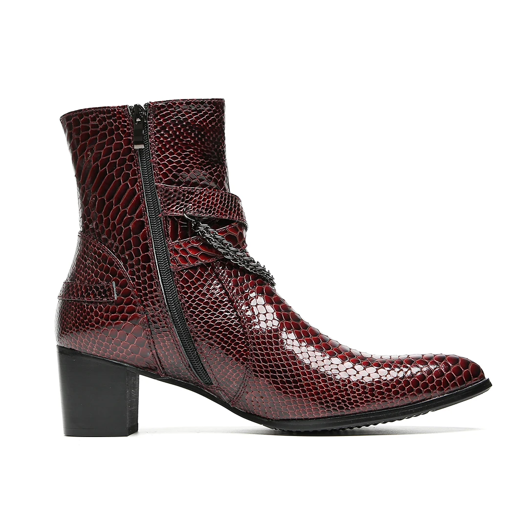 Herren-Stiefeletten aus burgunderrotem Schlangenleder: Kette, Schnallen, Reißverschluss, Blockabsatz | Partys, Bühne, Straße | Rock-Punk-Stil – Detail 9