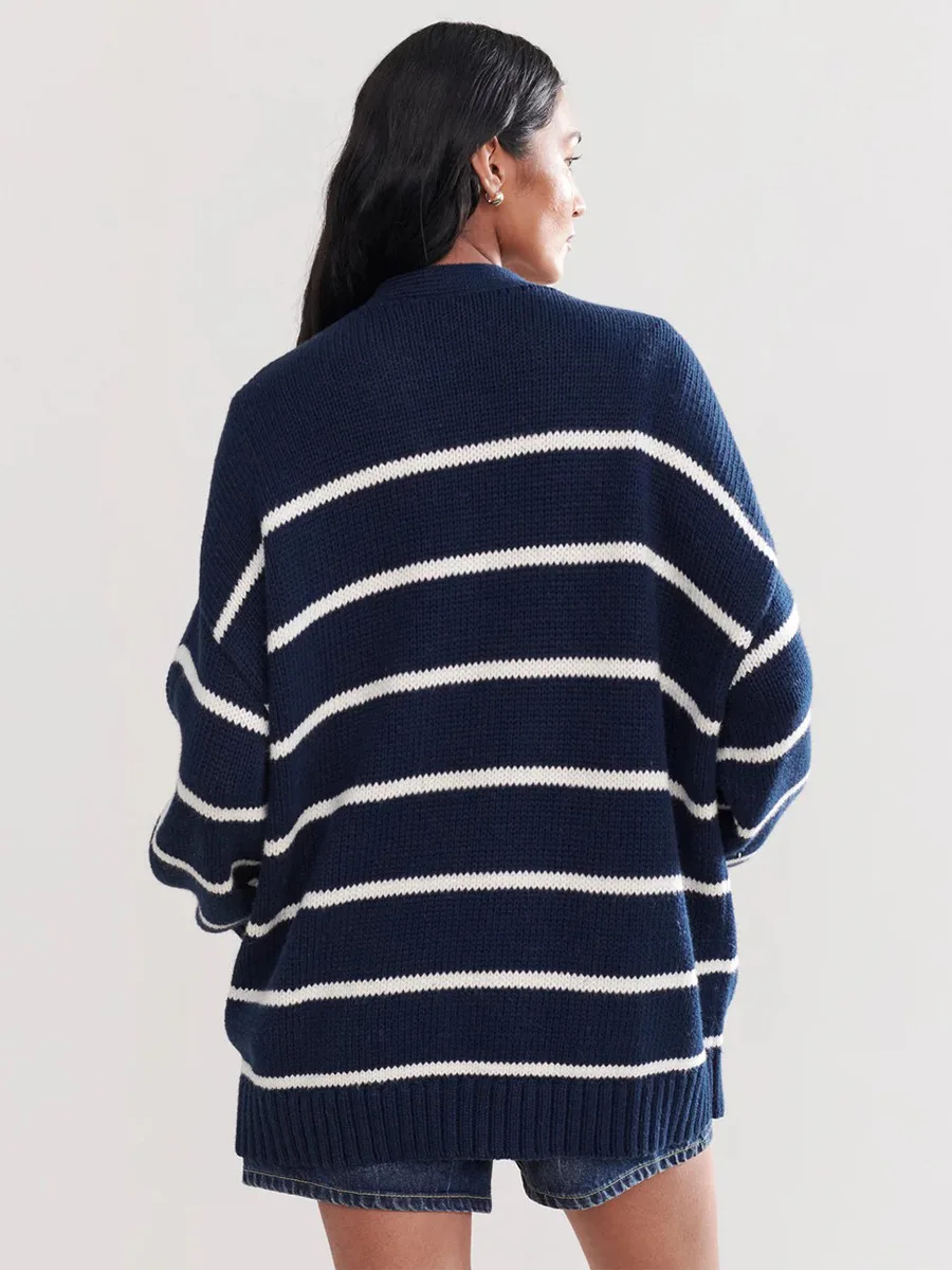 Otoño Invierno nuevo cárdigan de punto a rayas abrigo mujer cuello en V manga larga algodón grueso cálido suéter suelto mujer Casual Tops