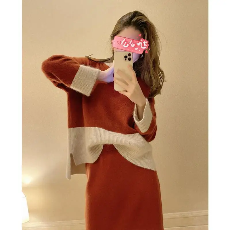 Ternos femininos de malha outono inverno tamanho grande moda coreana nova renda retalhos o pescoço manga longa camisola saia longa 2 peça conjunto