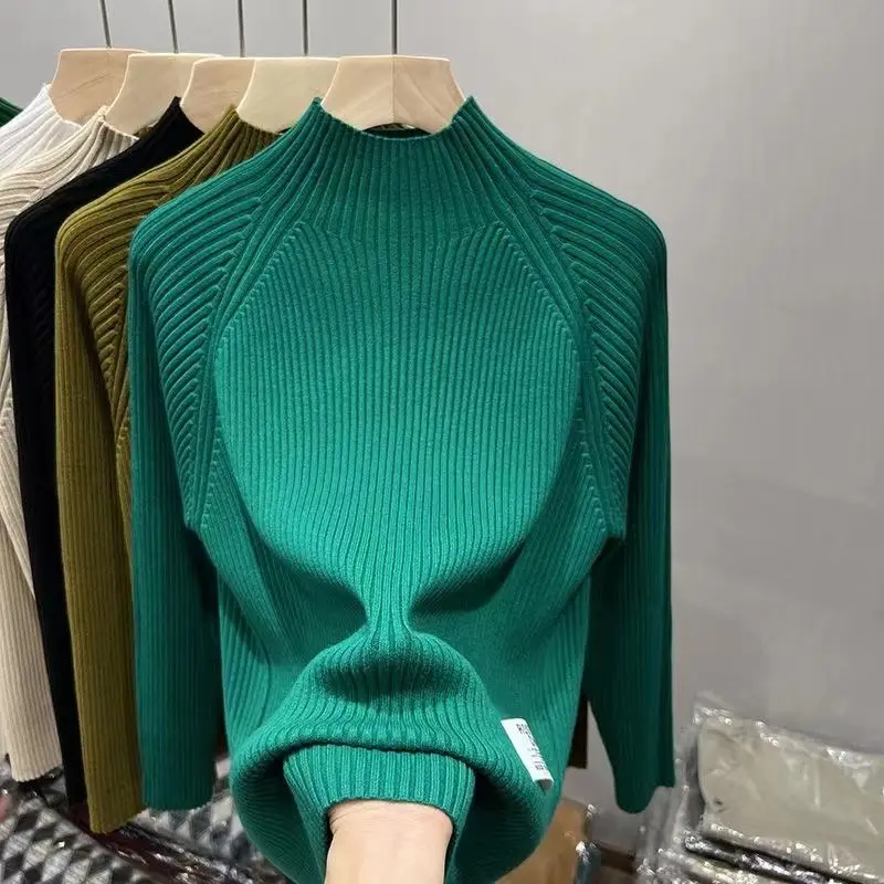 

Large Half High Neck Knit Thickened Sweater Oversized Sweater Green Sweater Women's Underlay Shirt Women Clothing Plus Size Tops