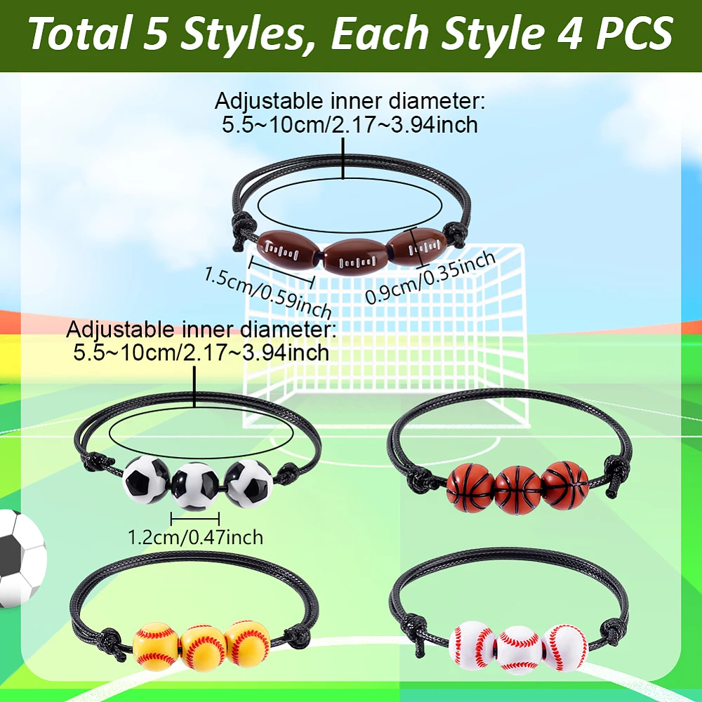 20pcs Sports Party Favors Charm Bracelets 5 Styles Sport Beads Ball Adjustable weave Rope Basketball Tennis Rugby Wristbands view 2