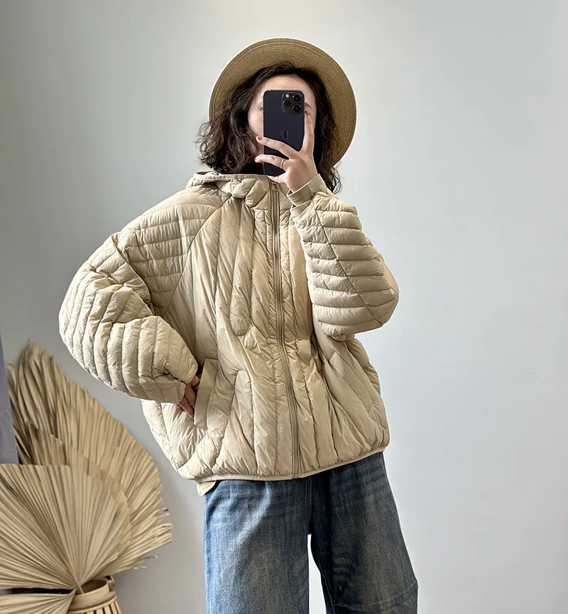 Schinteon Women Ultralight 90% White Duck Down Jacket Over Size Loose Casual Autumn Winter Outwear Vintage Coat Hood 2026 New