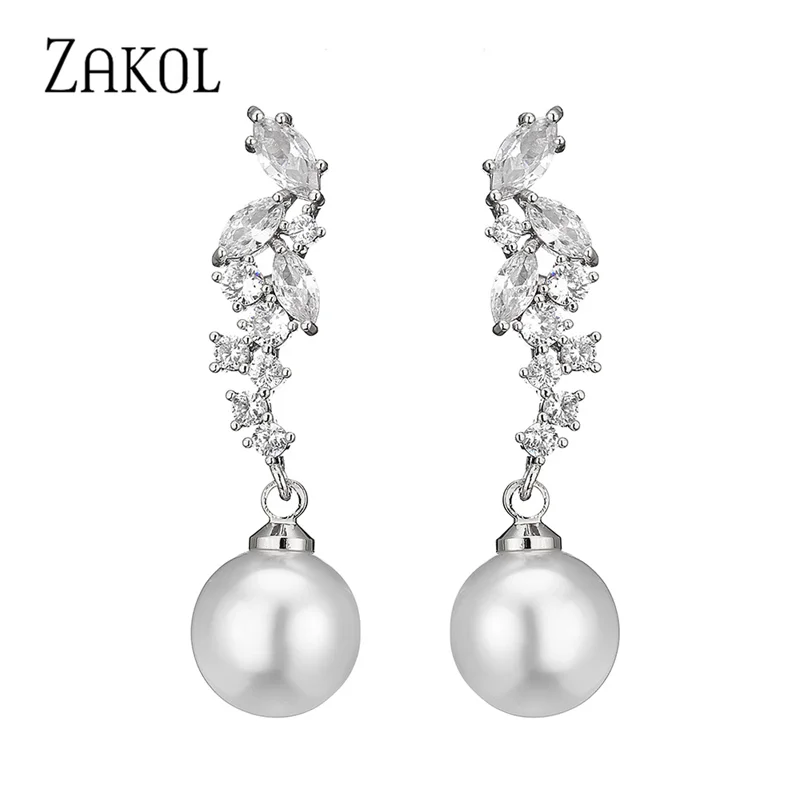 ZAKOL Korean Fashion Cubic Zirconia Pearl Dangle Earrings for Women Luxury Engagement Wedding Party Jewelry Gifts EP5125