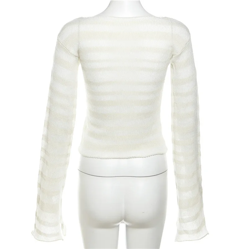 Knitted Sexy Sweater Tops Striped Y2K Fashion Sweatshirts Streetswear 2023 Winter Fall Clothes Women Girls Mesh Sheer Knit Tops