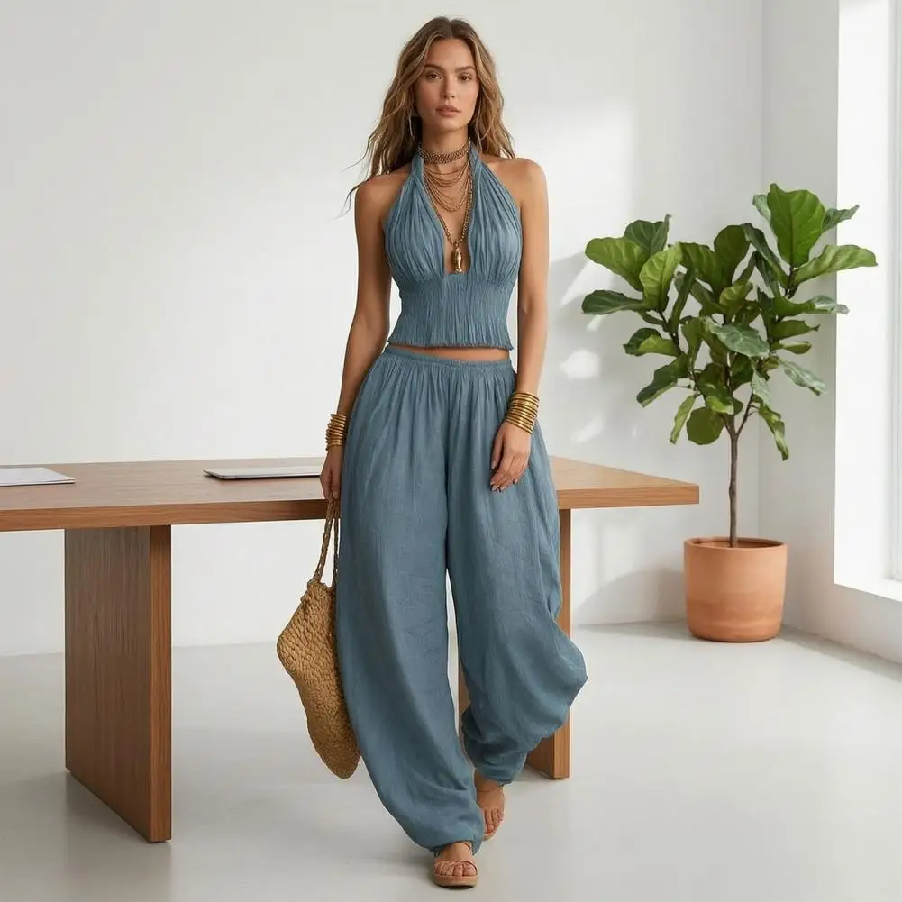 

Women's Halter Sleeveless Summer 2 Piece Sets, Loose Fit Pleated Ruffle Backless Wide Leg Pants Matching Outfits
