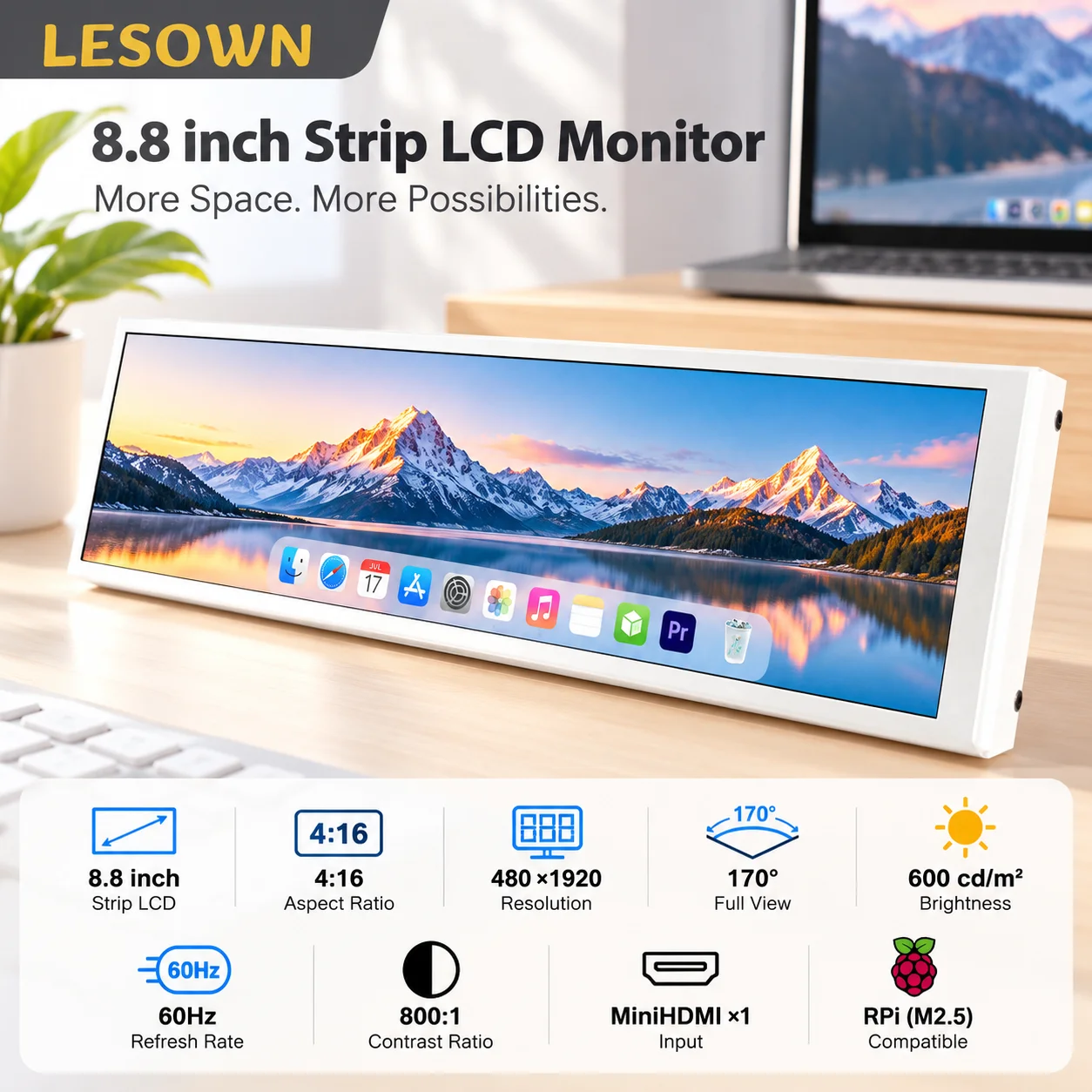 LESOWN 8.8 11.3 Inch Stretched Bar LCD Monitor Mini HDTV 60Hz 170 Degree View Black or White Case for PC Sensor Panel Setup