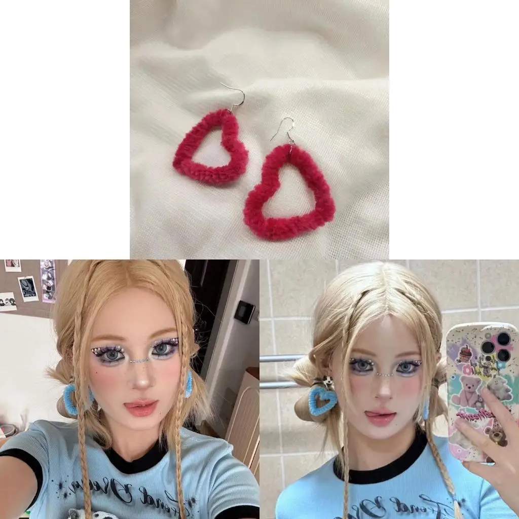 195C Fashion Dangle Earrings Small Hoop Earrings Sweet Cool Plush Heart Pendant Earrings Statement Jewelry for Women Girl