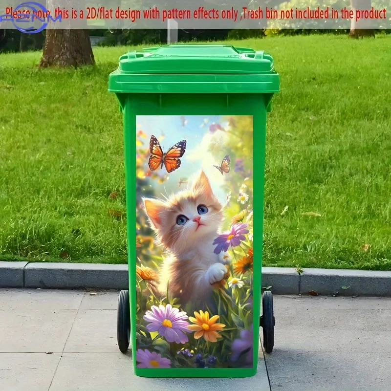 1pc of Trash Can Sticker, 37×82 Cm, Featuring a Theme Design of a Kitten Chasing Butterflies in a Flower Field. Self-Adhesive