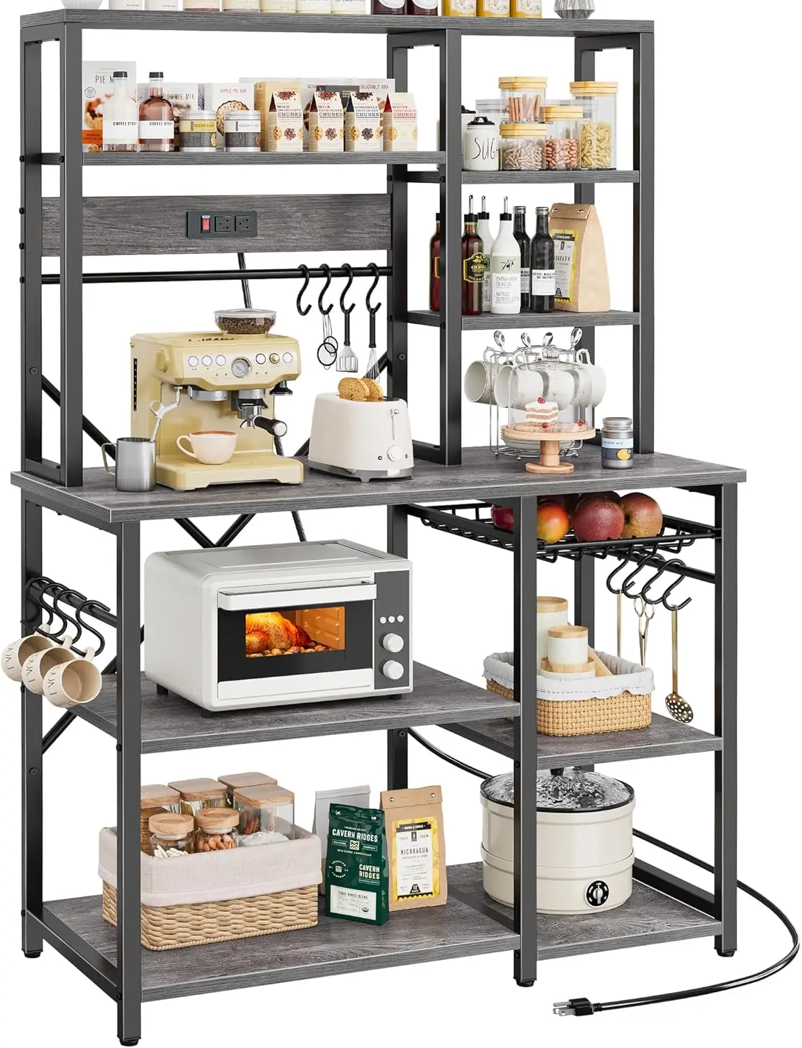 

Large Bakers Ra With Power Outlets, 6-Tier Microwave Stand, Coffee Bar With 12 S-Shaped Hooks, Kitchen Shelf With Wire Basket,