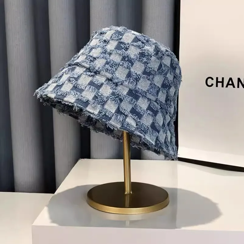 Neue koreanische Art Denim blau karierten Eimer Hut für Frauen Sommer Outdoor Luxus Designer Hut Sonnenschirm überprüft Kappe Party Geschenk – Detail 8
