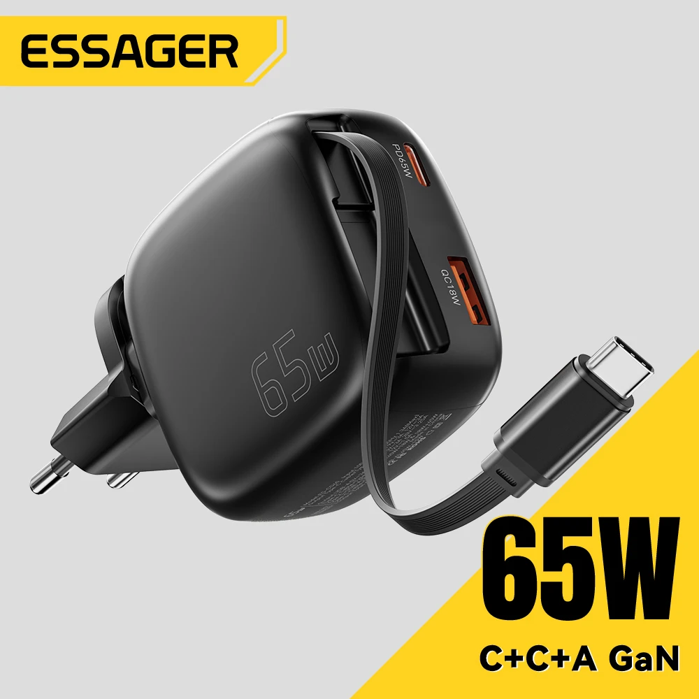 

Essager 65W GaN Charger with Retractable Cable PD Fast Charging for Laptop Macbook iPhone 17 16 15 Xiaomi Type-C Phone Charger