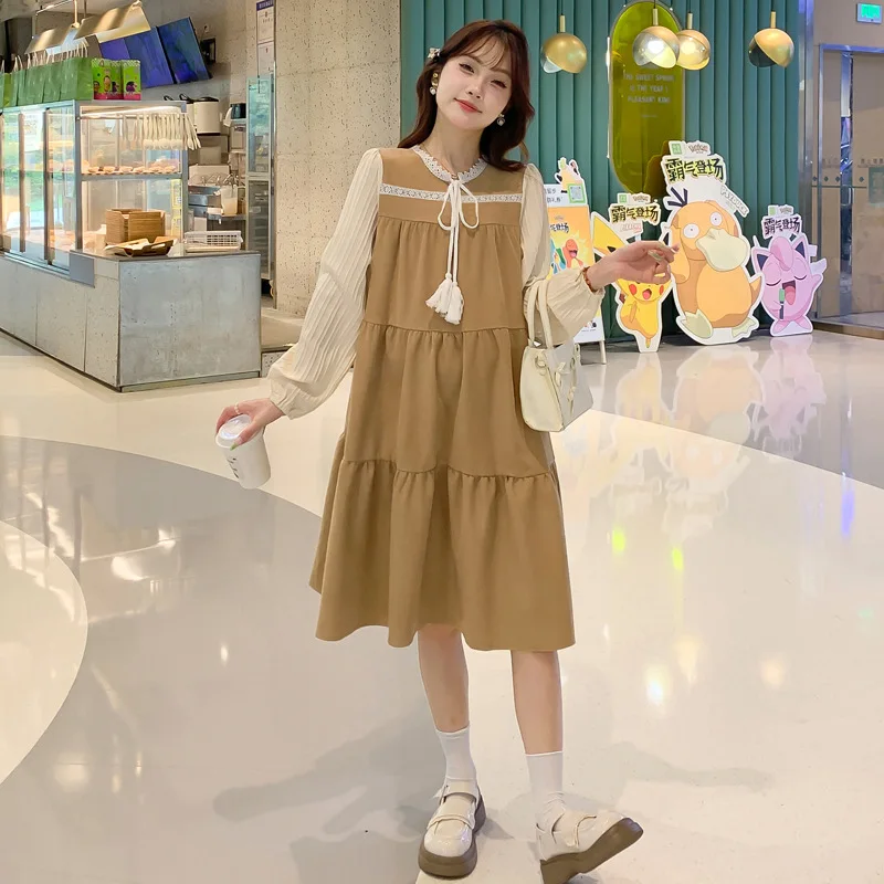 Abito da gravidanza in stile francese Abito longuette finto a due strati a maniche lunghe primaverile Elegante abito premaman femminile confortevole