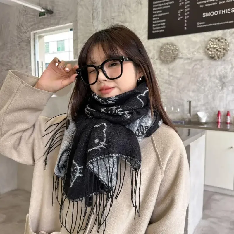 MINISO Sanrio Hello Kitty Anime Scarf for Women Autumn Winter Knitted Scarf for Girls Warm Windproof Simple Scarf Birthday Gift