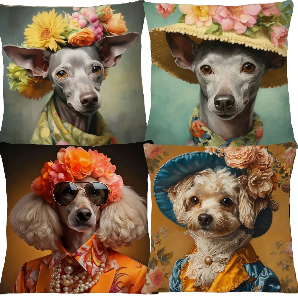 Dog With Floral Flower Headdress Rococo Style Poster Cushion Cover Pillow Case