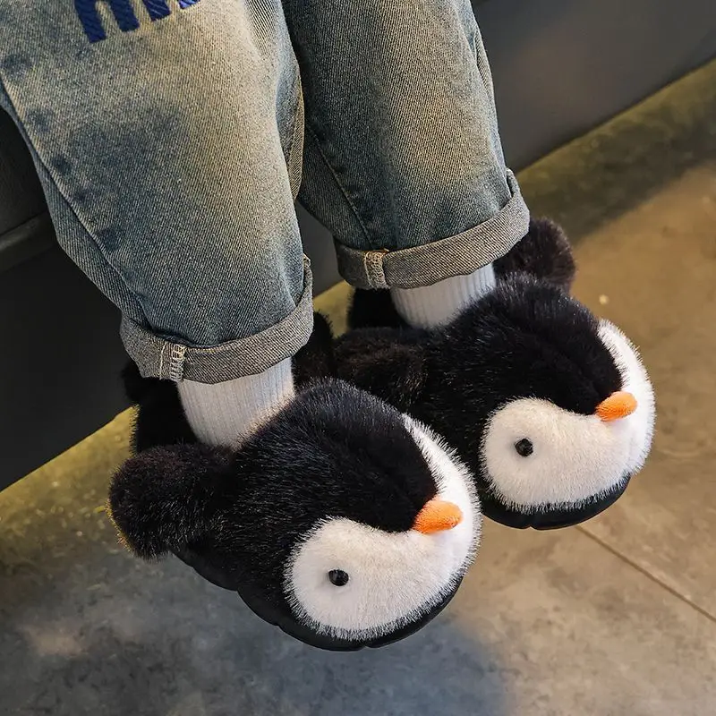 Warm Fuzzy Autumn Winter Kids Slippers Cuddly Penguin Design Slip on Shoes for Girls Cotton Baby Footwear​