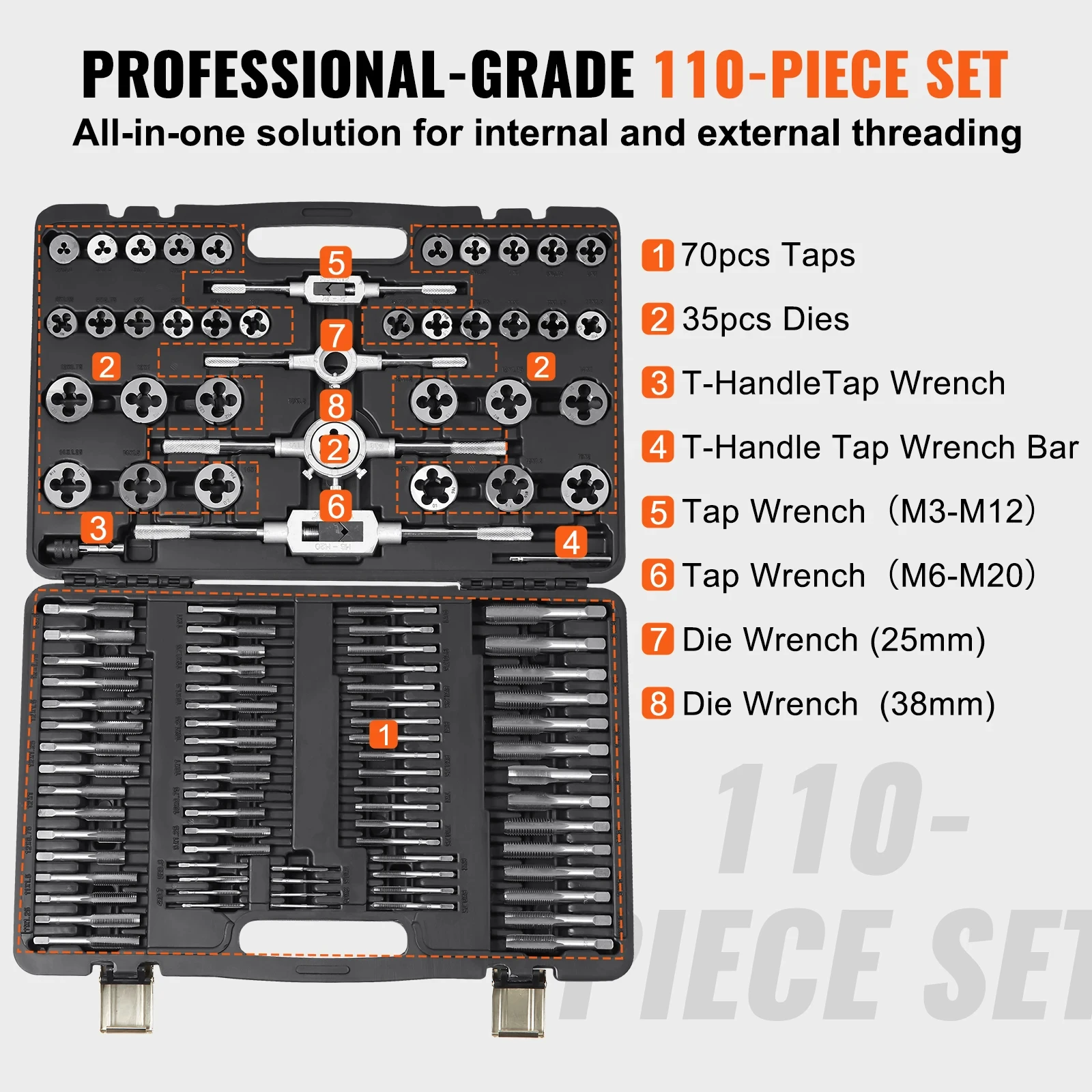 VEVOR Tap and Die Set 40 pz 60 pz 80 pz 110/116 pz metrico o SAE Standard cuscinetto rubinetti e matrici in acciaio