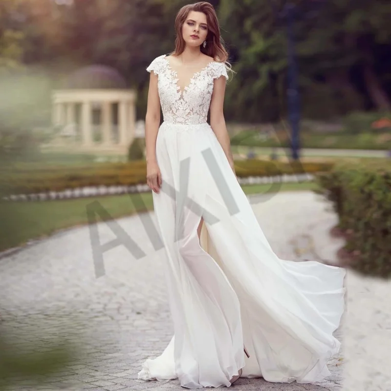 Wedding Dress No Bra Illusion O Neck Short Sleeve Open Back Bride Vestido Slit Appliques Chiffon Sexy Robe de mariee