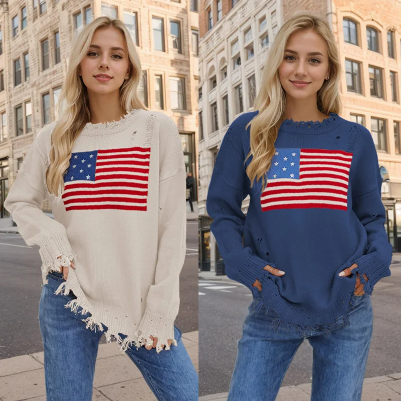 2024Autumn and Winter NewTemuHot Sale round Neck Flag Easter Independence Day Fashion Sweater Women