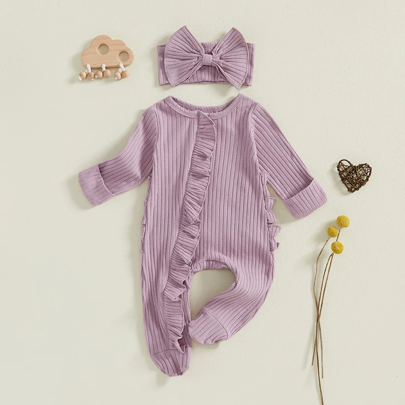 Newborn Girl Fall Outfit Solid Ribbed Ruffle Trim Long Sleeve Zipper Front Footed Jumpsuit Bow Headband 2-częściowy zestaw