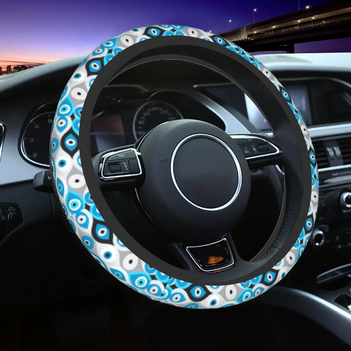 38cm Greek Evil Eye Pattern Blues And Greys Steering Wheel Cover Amulet Boho Auto Car Steering Wheel Protector Car Accessories