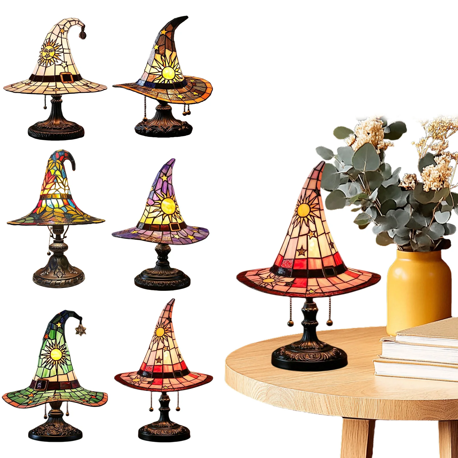 Resin Gothic Wizard Hat Night Light Retro Resin Accent Lamp Colorful Witch Hat Desktop Lights for Bedroom Living Room Bookshelf